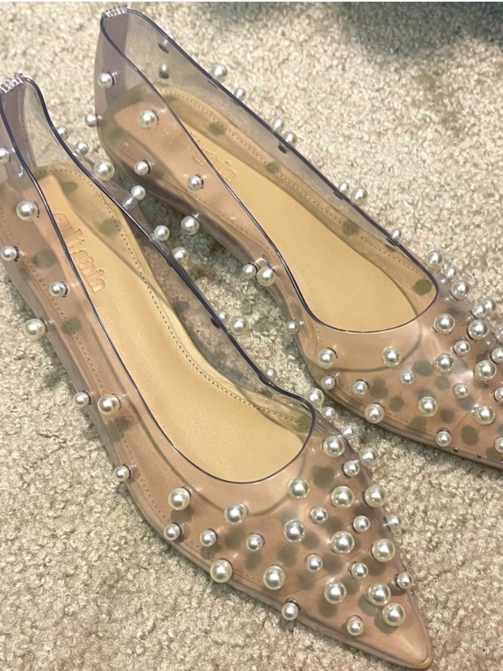 cult gaia Clear Pointed-Toe Flats with Pearl Studs - Nude Insole